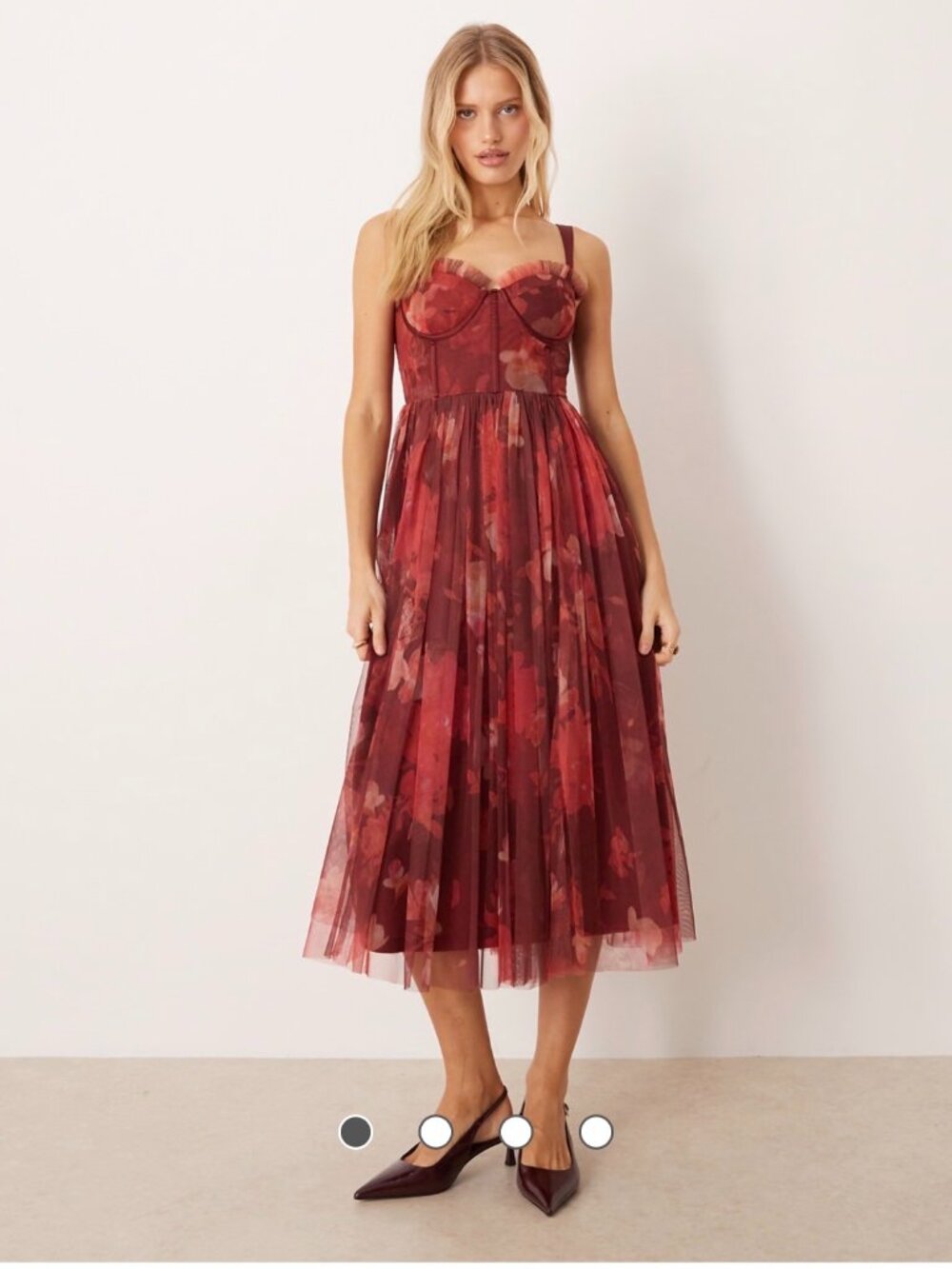 Lace & Beads Tulle Corset Midi Dress Burgundy Rose Floral Sz 4